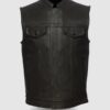 Club style Men's black leather vest with band collar