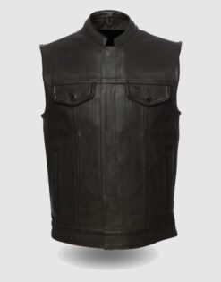 Club style Men's black leather vest with band collar