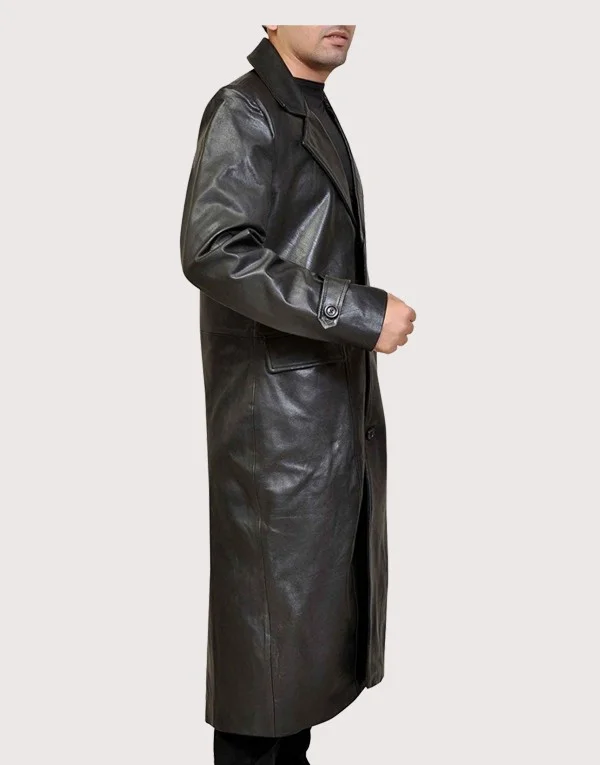 Men’s Black Leather Full-Length Trench Coat with Notch Lapel - Image 3