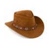 Brown leather cowboy hat with decorative band and concho details