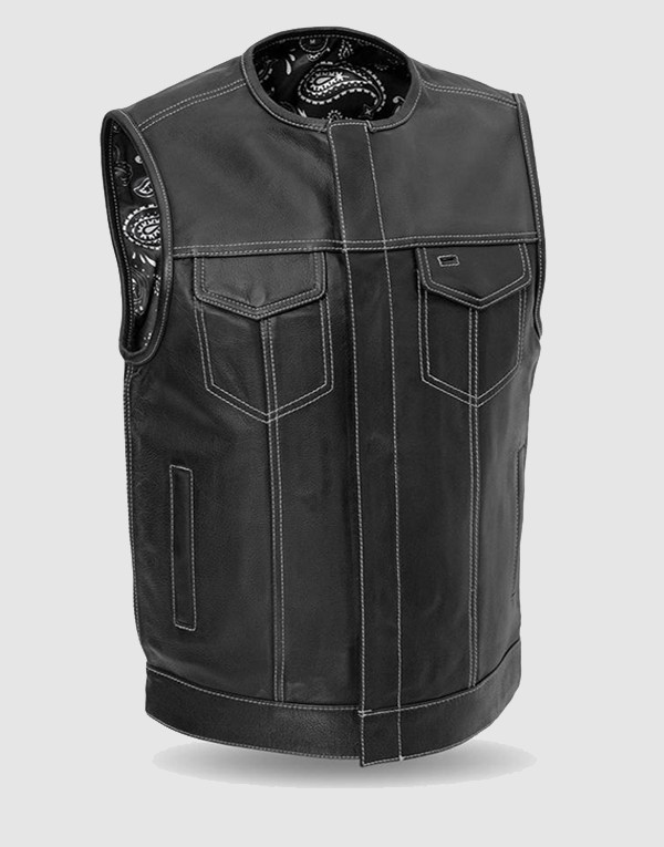 Club Style Black Leather Vest for Men