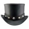 Black leather top hat with diamond inlay hatband and silver concho accent