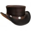 Dark brown leather top hat featuring buffalo nickel conchos and curved Western-style brim