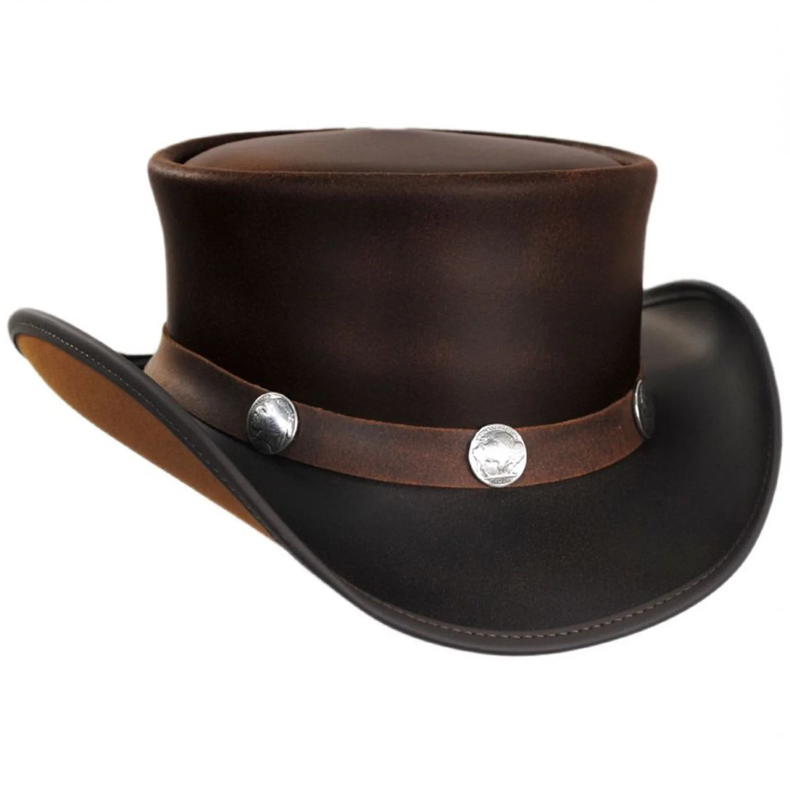 Dark brown leather top hat featuring buffalo nickel conchos and curved Western-style brim