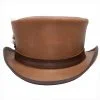 Brown leather top hat with feather accent and contrasting dark leather band