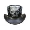 Black leather top hat with large skull print artwork and decorative skull accents