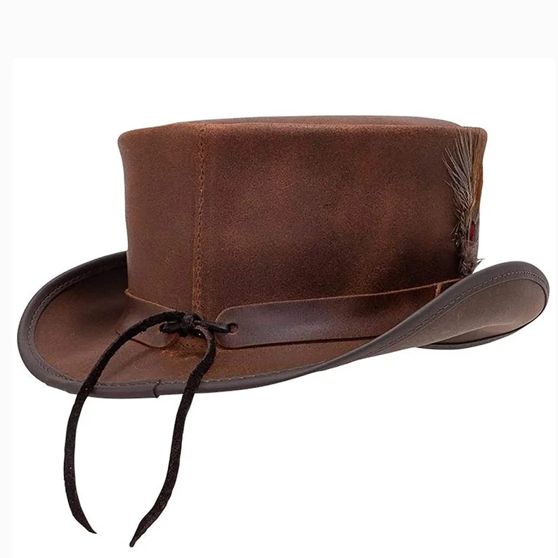 Marlow Brown Leather Top Hat with Feather Accent – Rustic Victorian Style - Image 3