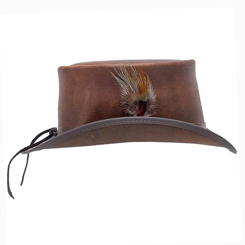 Marlow Brown Leather Top Hat with Feather Accent – Rustic Victorian Style - Image 2