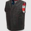 Men’s black leather motorcycle vest with red stitching and four front pockets