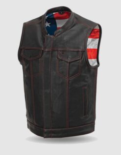 Men Motorcycle Leather Vest Red Stitched