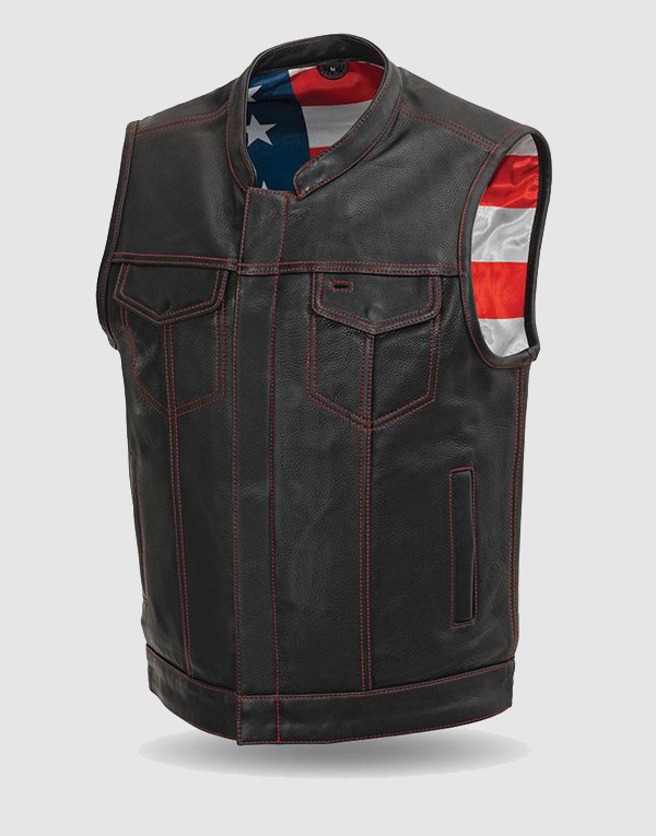Men Motorcycle Leather Vest Red Stitched
