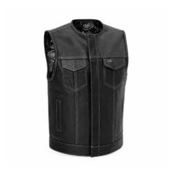 Men's Club Style Leather Motorcycle Vest with Concealed Closure in genuine black leather