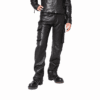 Men's black cowhide leather cargo pants with utility side pockets and straight-leg design