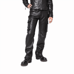 Men's black cowhide leather cargo pants with utility side pockets and straight-leg design