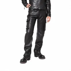 Men's black cowhide leather cargo pants with utility side pockets and straight-leg design