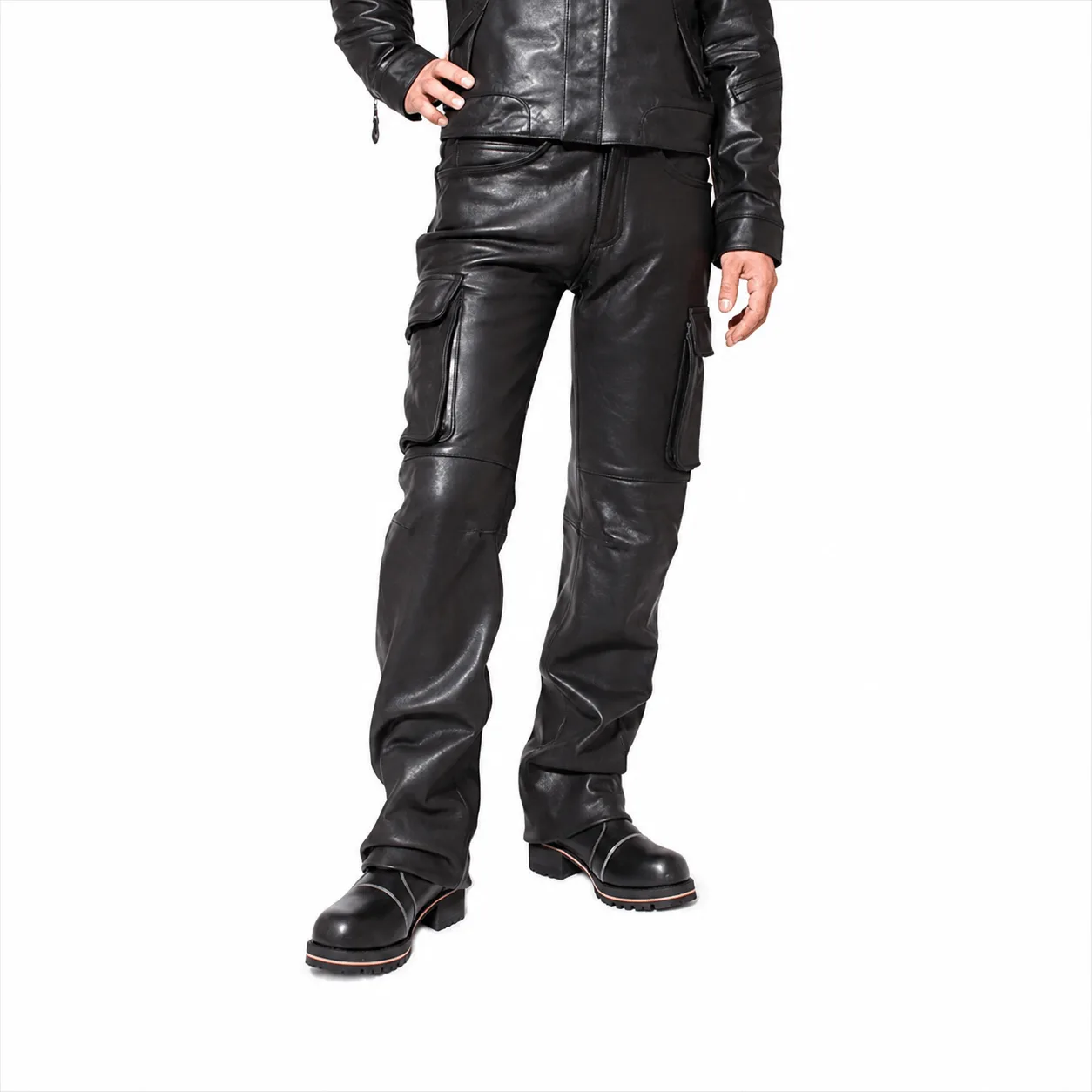 Men's black cowhide leather cargo pants with utility side pockets and straight-leg design