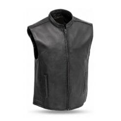 Men's Minimalist Leather Motorcycle Vest with Stand Collar in genuine black leather