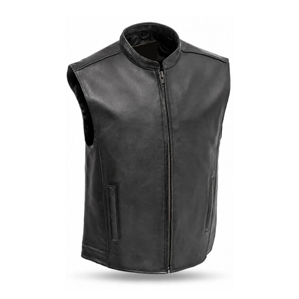 Men's Minimalist Leather Motorcycle Vest with Stand Collar in genuine black leather