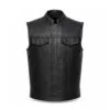 Men's Stand Collar Leather Motorcycle Vest with Hidden Closure in genuine black leather
