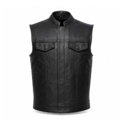 Men's Stand Collar Leather Motorcycle Vest with Hidden Closure in genuine black leather