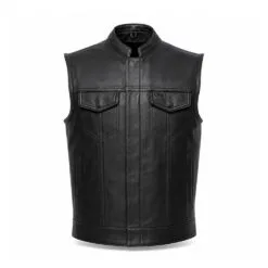 Men's Stand Collar Leather Motorcycle Vest with Hidden Closure in genuine black leather
