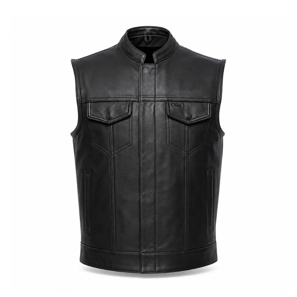 Men's Stand Collar Leather Motorcycle Vest with Hidden Closure in genuine black leather