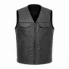 Men's V-Neck Leather Motorcycle Vest with Center Zipper in black genuine leather