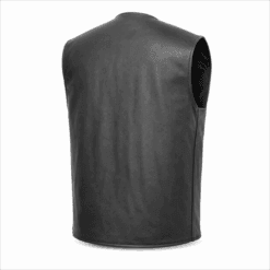 Men's V-Neck Leather Motorcycle Vest with Center Zipper in black genuine leather back side