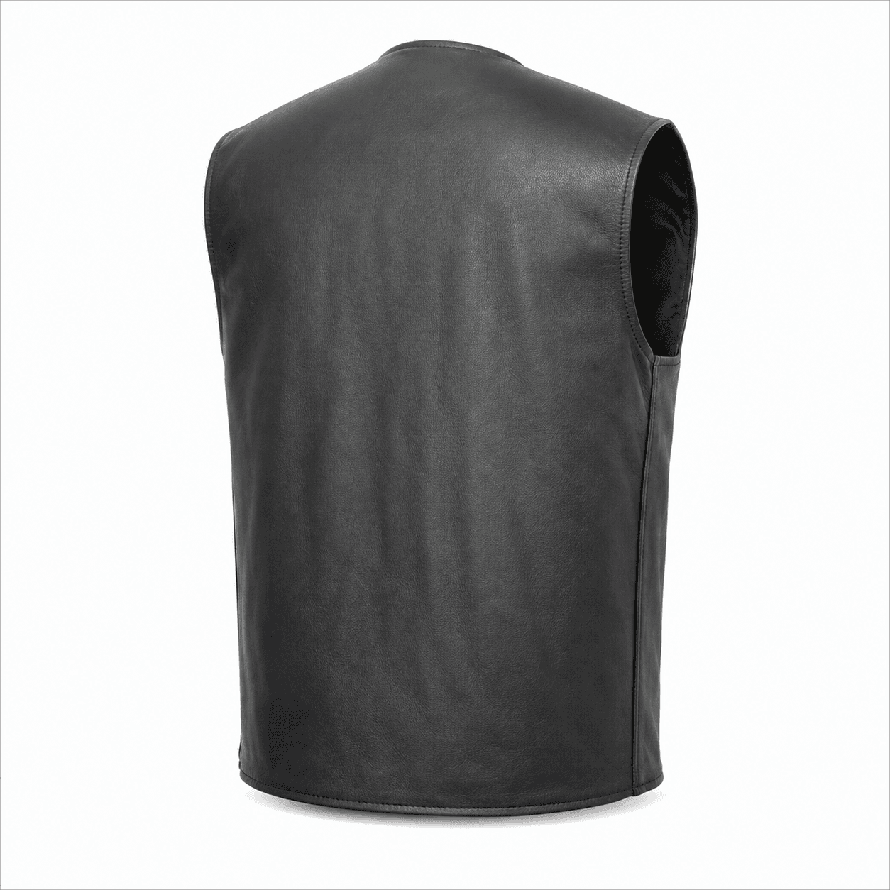 Men's V-Neck Leather Motorcycle Vest with Center Zipper in black genuine leather back side