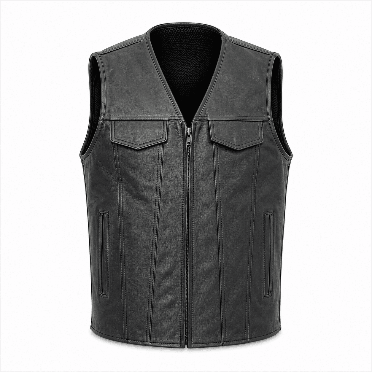 Men's V-Neck Leather Motorcycle Vest with Center Zipper in black genuine leather