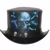 Black leather top hat with lightning skull artwork and decorative skull accents