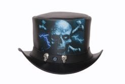 Mens Leather Top Hat with Skull Printed - Lightning Skull Print
