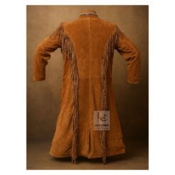 Women’s brown suede western fringe long coat with decorative leather accents