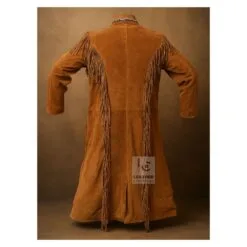 Women’s brown suede western fringe long coat with decorative leather accents