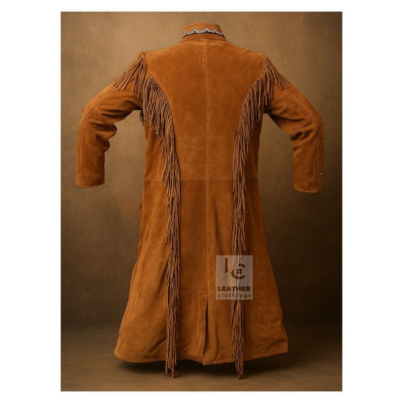 Women’s brown suede western fringe long coat with decorative leather accents