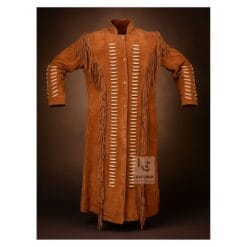 Women’s brown suede western fringe long coat with decorative leather accents