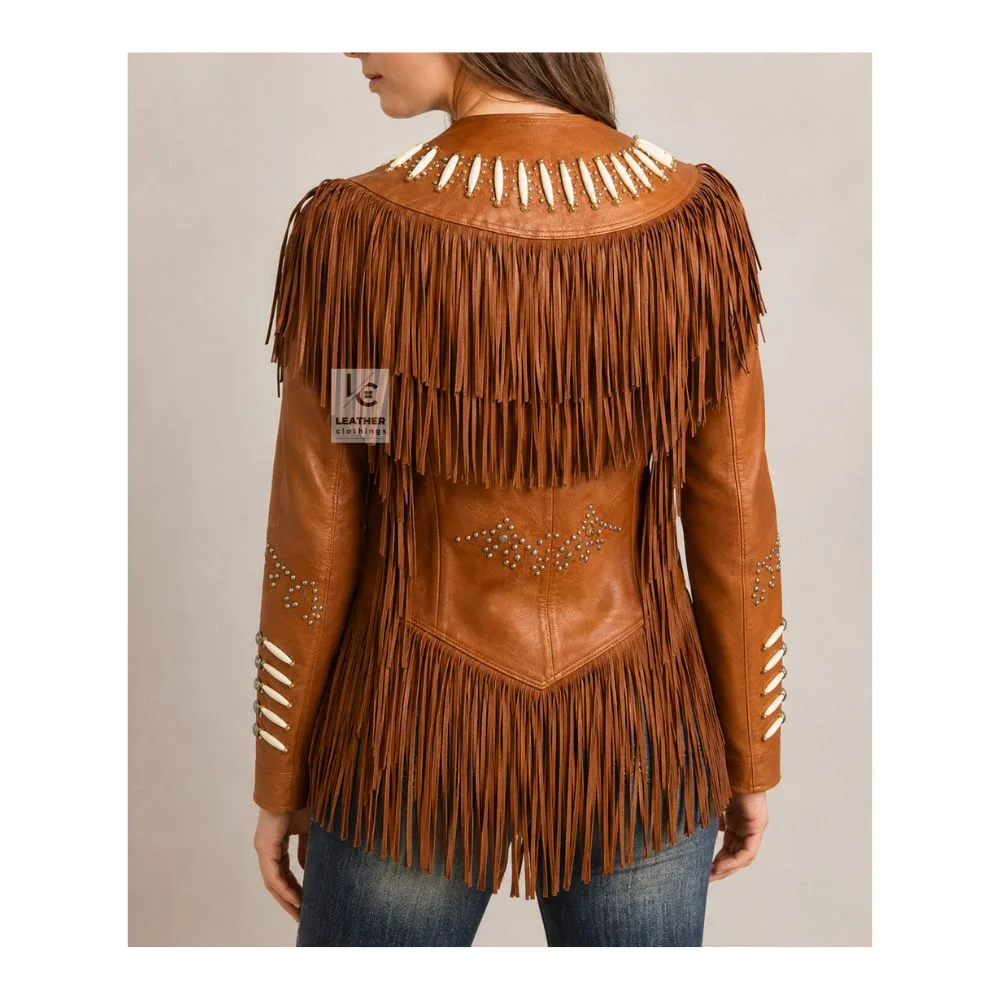 Women’s Cognac Leather Beaded Long Fringe Western Jacket - Image 2