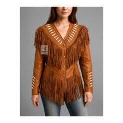 Women’s cognac leather beaded long fringe western jacket with layered chest and back fringe