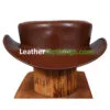 Chocolate brown leather short top hat with low crown and simple band detail