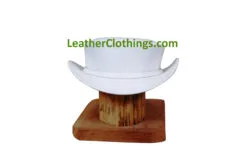 White leather short top hat with minimalist band and classic Victorian silhouette