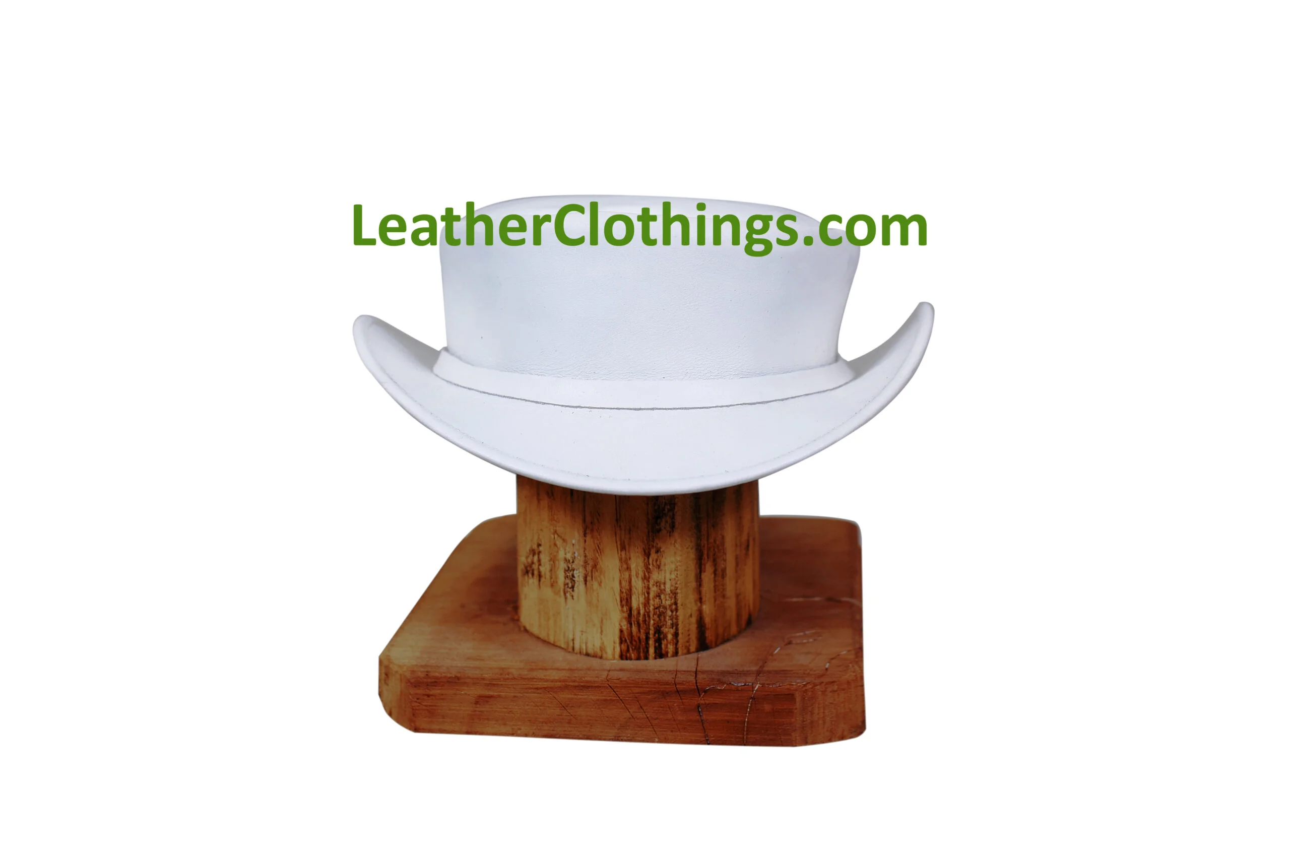 White leather short top hat with minimalist band and classic Victorian silhouette