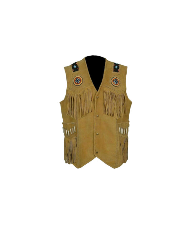 Western Cowboy Camel Brown Suede Vest With Fringes and Aztec Design