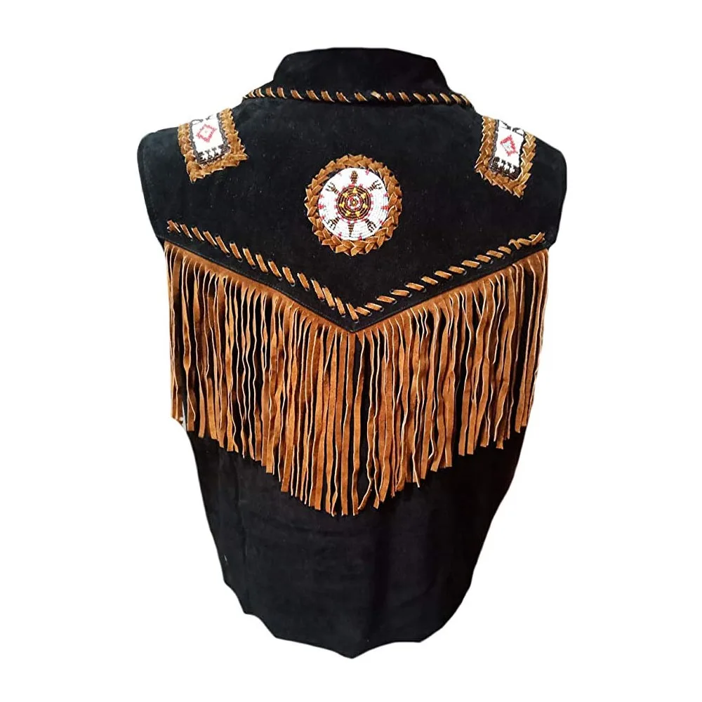 Western Cowboy Black Suede Vest with Brown Fringes and Bones