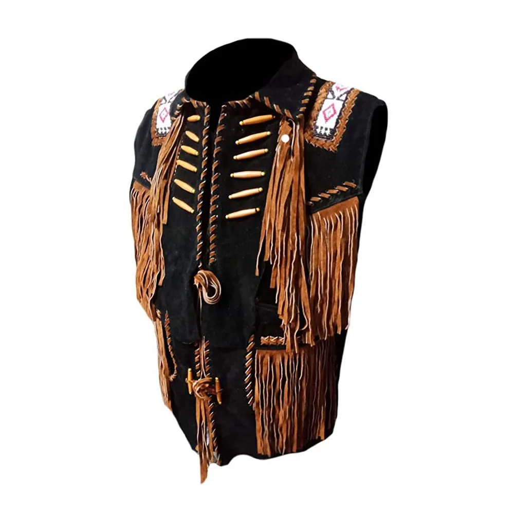 Men's Black Suede Fringed Western Vest with Horn Toggle Closures front and back views