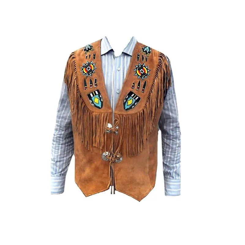 Western Cowboy Suede Vest With Fringes And Beads