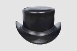 Black leather top hat with simple leather band and classic handcrafted design