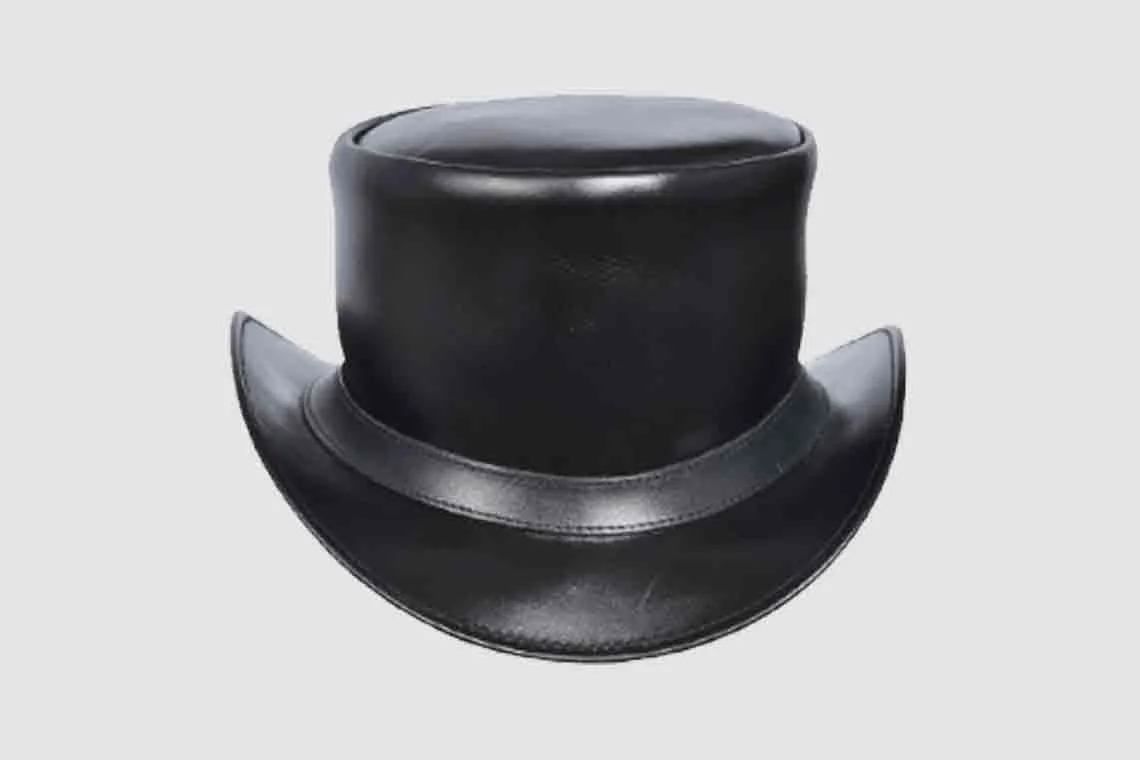 Black leather top hat with simple leather band and classic handcrafted design