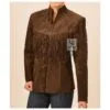 Women’s chocolate brown suede western fringe jacket with toggle closures