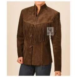 Women’s chocolate brown suede western fringe jacket with toggle closures