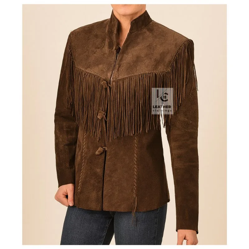 Women’s chocolate brown suede western fringe jacket with toggle closures